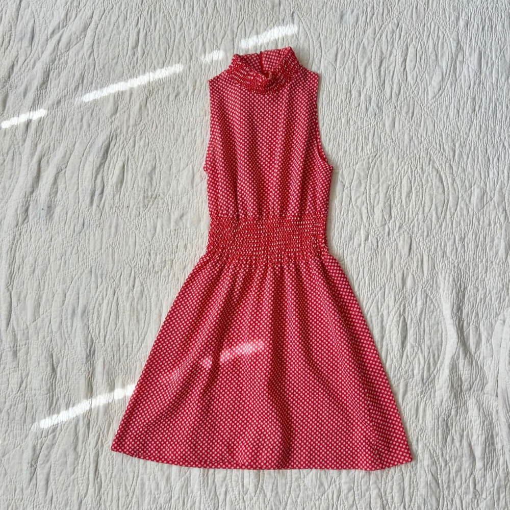 Vintage 1960s Red White Polka Dot Mock Neck Smocked Waist Mini Dress